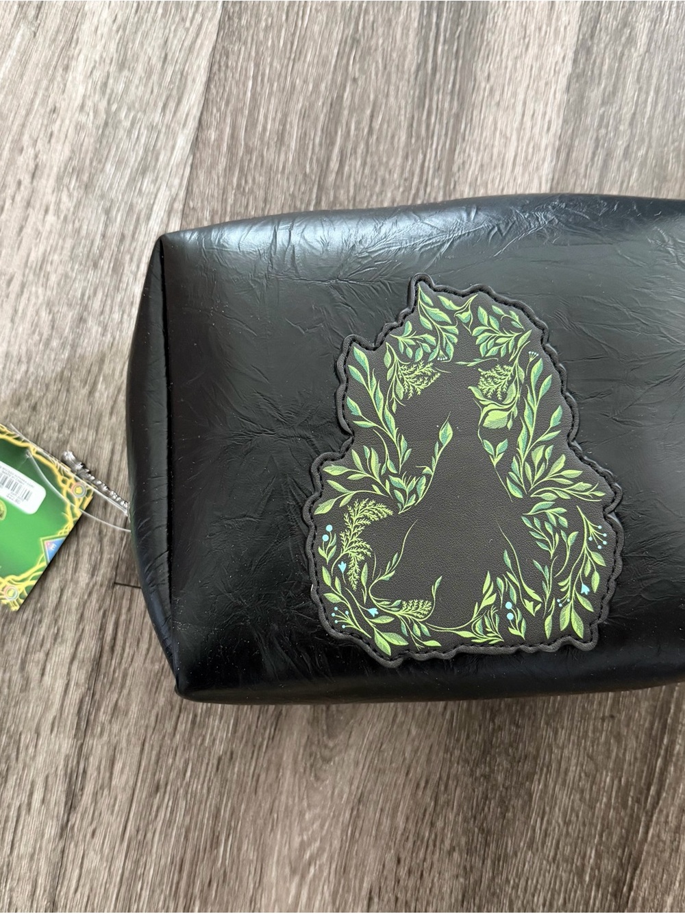 Black Cosmetic Pouch with Green Botanical Cat Design